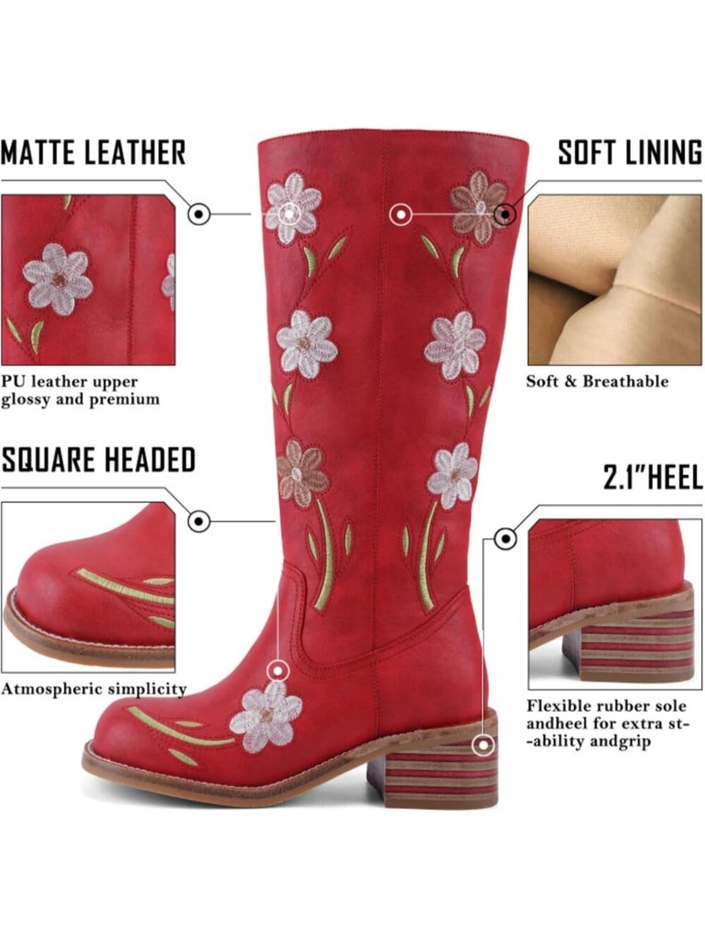Women's Red Flowers Low Heel Square Toe Chunky Block Heel Long Knee High Boot - Picture 3 of 5